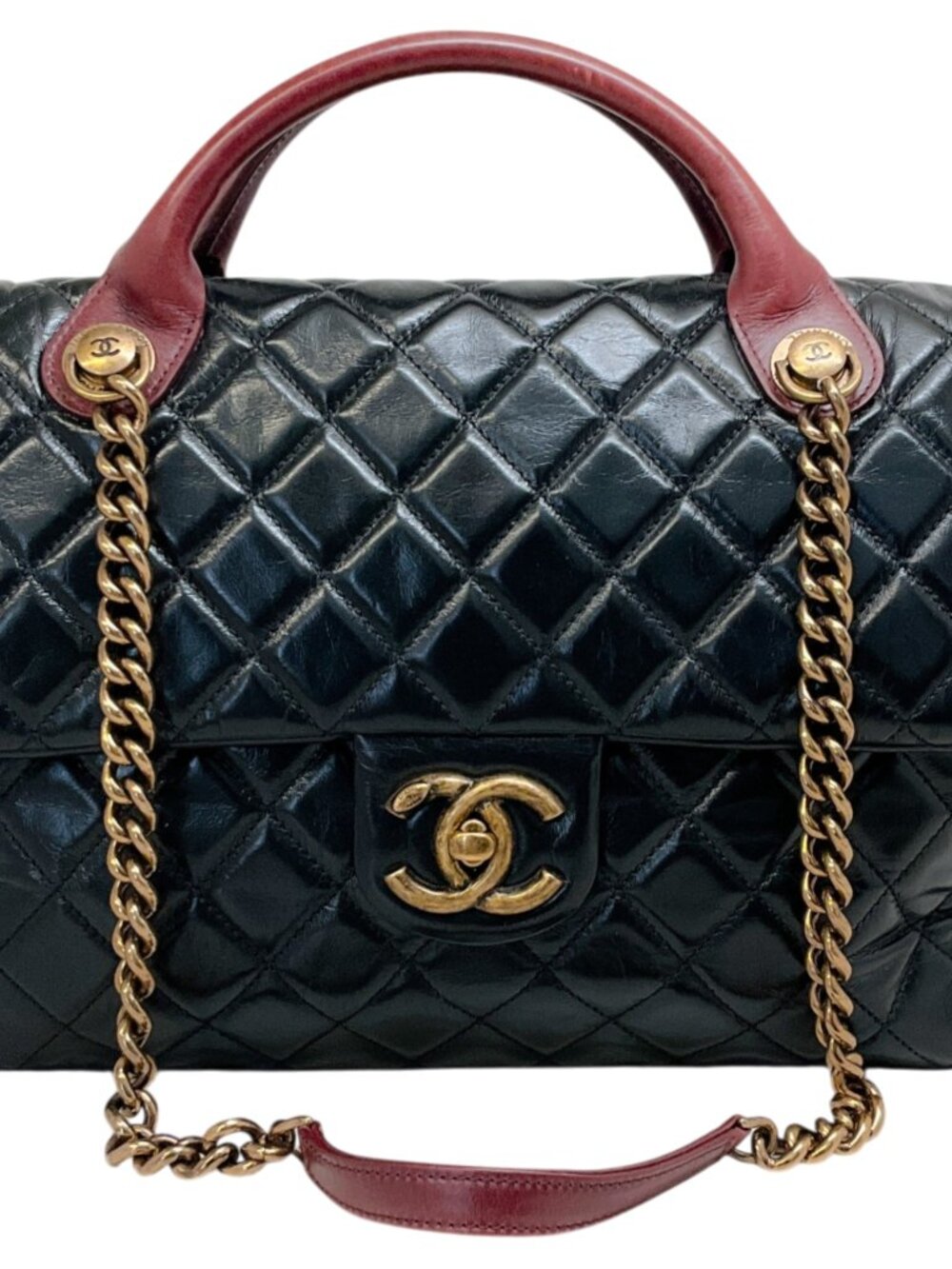 Chanel Paris Edinburgh Black Glazed Calfskin Leather Castle Rock Flap Bag